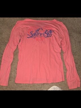 Salt Life Long Sleeve Tee in Coral Pink with Blue Script